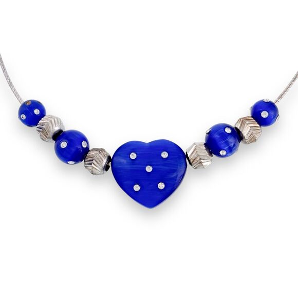 Vintage Italy Sterling Silver 925 Blue Glass Polka Dot Heart Necklace 18" - Picture 2 of 4